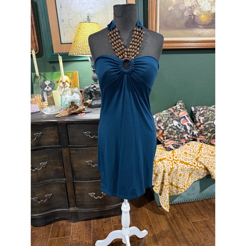 C. Graffiti Teal Blue Beaded Halter Mini Dress Womens Medium Boho O-Ring D1400